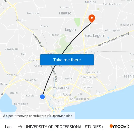 Laskia to UNIVERSITY OF PROFESSIONAL STUDIES (UPSA) map