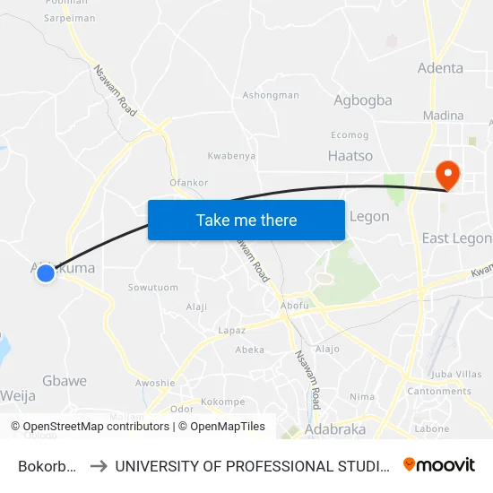 Bokorbokor to UNIVERSITY OF PROFESSIONAL STUDIES (UPSA) map