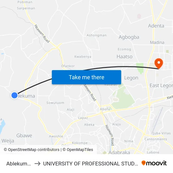Ablekuma Cp to UNIVERSITY OF PROFESSIONAL STUDIES (UPSA) map