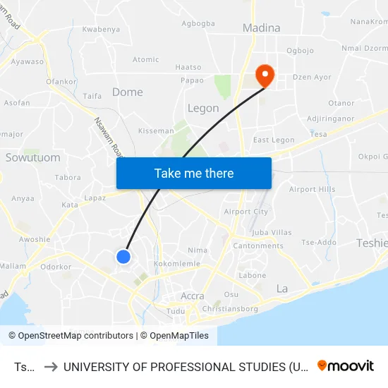 Tsofi to UNIVERSITY OF PROFESSIONAL STUDIES (UPSA) map