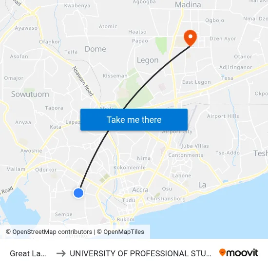 Great Lamptey to UNIVERSITY OF PROFESSIONAL STUDIES (UPSA) map