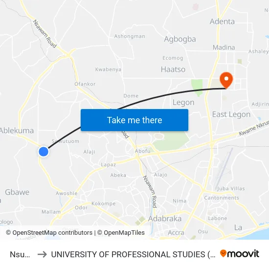 Nsunfa to UNIVERSITY OF PROFESSIONAL STUDIES (UPSA) map