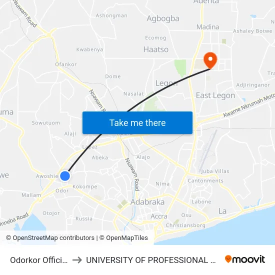 Odorkor Official Town to UNIVERSITY OF PROFESSIONAL STUDIES (UPSA) map