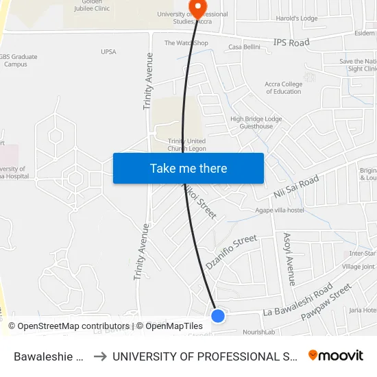 Bawaleshie Second to UNIVERSITY OF PROFESSIONAL STUDIES (UPSA) map