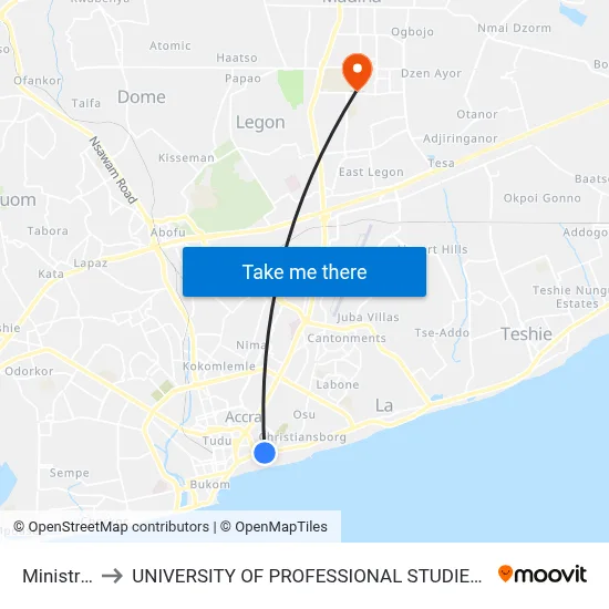 Ministries to UNIVERSITY OF PROFESSIONAL STUDIES (UPSA) map