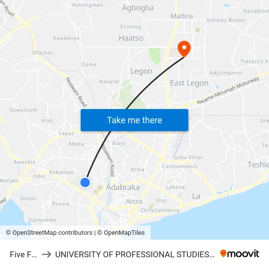 Five Five to UNIVERSITY OF PROFESSIONAL STUDIES (UPSA) map