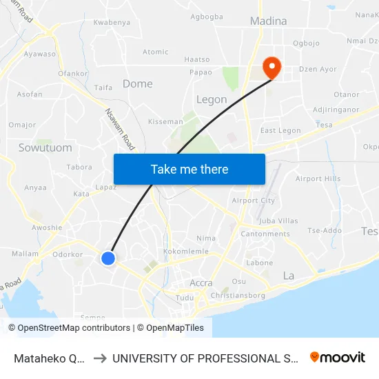 Mataheko Quarters to UNIVERSITY OF PROFESSIONAL STUDIES (UPSA) map