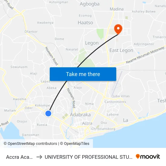 Accra Academy to UNIVERSITY OF PROFESSIONAL STUDIES (UPSA) map