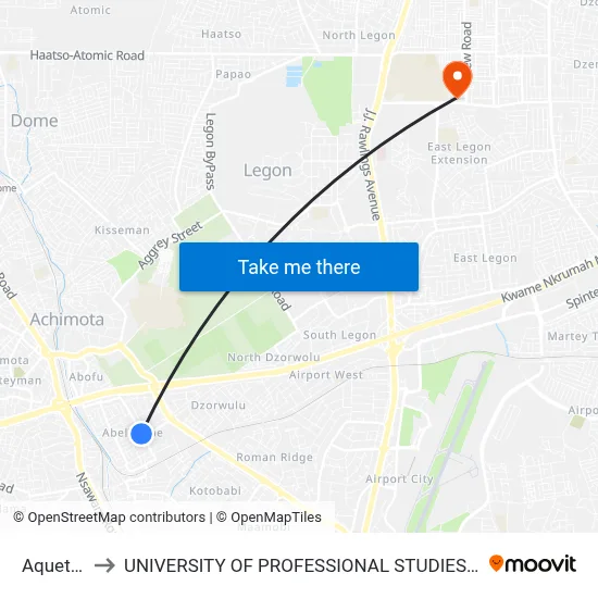 Aquettey to UNIVERSITY OF PROFESSIONAL STUDIES (UPSA) map