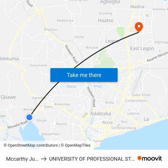 Mccarthy Junction to UNIVERSITY OF PROFESSIONAL STUDIES (UPSA) map