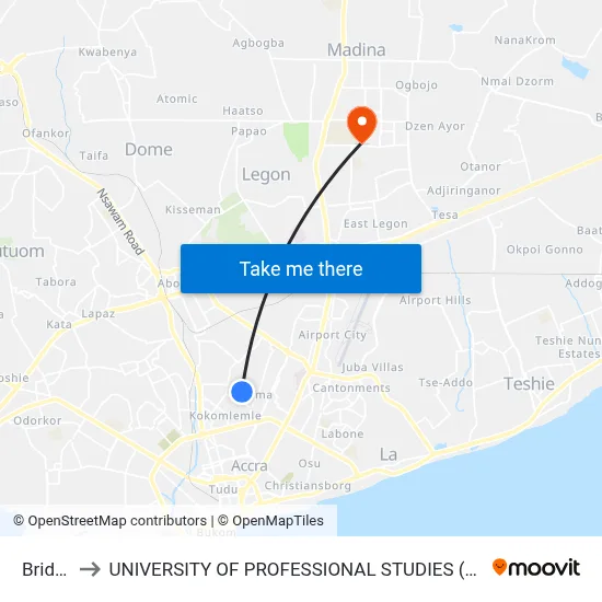 Bridge to UNIVERSITY OF PROFESSIONAL STUDIES (UPSA) map