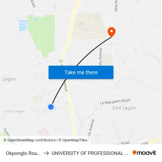 Okponglo Roundabout to UNIVERSITY OF PROFESSIONAL STUDIES (UPSA) map