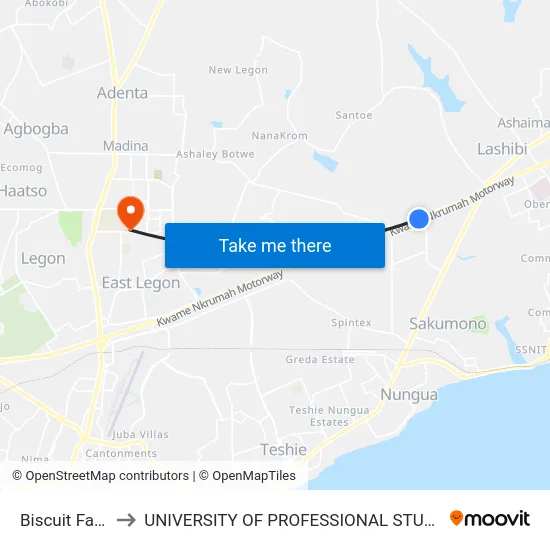Biscuit Factory to UNIVERSITY OF PROFESSIONAL STUDIES (UPSA) map