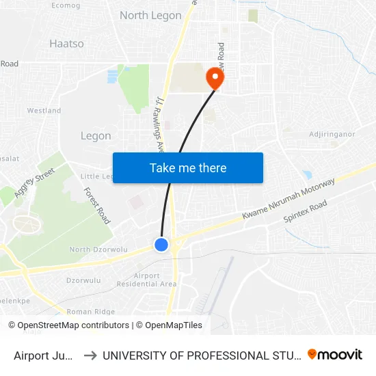 Airport Junction to UNIVERSITY OF PROFESSIONAL STUDIES (UPSA) map