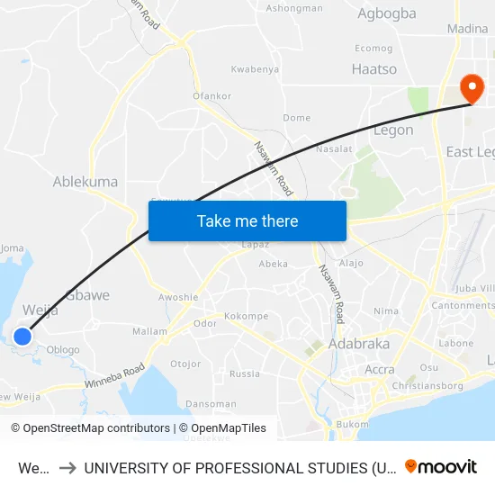 Weija to UNIVERSITY OF PROFESSIONAL STUDIES (UPSA) map