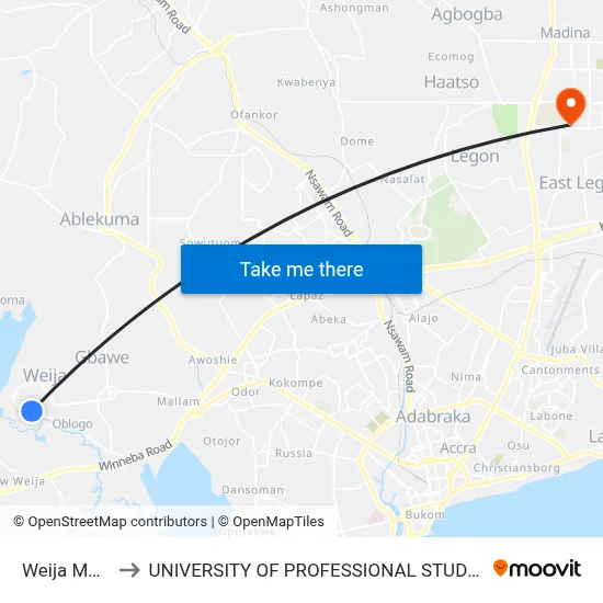Weija Market to UNIVERSITY OF PROFESSIONAL STUDIES (UPSA) map