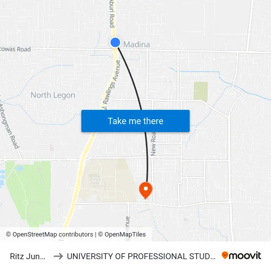 Ritz Junction to UNIVERSITY OF PROFESSIONAL STUDIES (UPSA) map