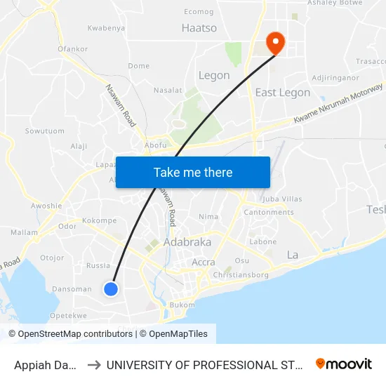 Appiah Danquah to UNIVERSITY OF PROFESSIONAL STUDIES (UPSA) map