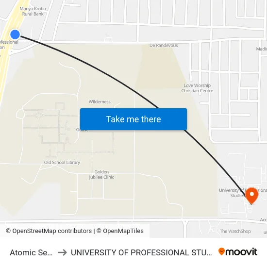 Atomic Second to UNIVERSITY OF PROFESSIONAL STUDIES (UPSA) map