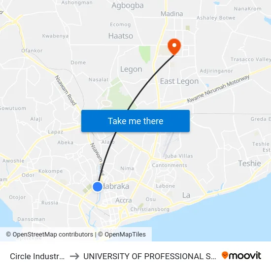 Circle Industrial Area to UNIVERSITY OF PROFESSIONAL STUDIES (UPSA) map