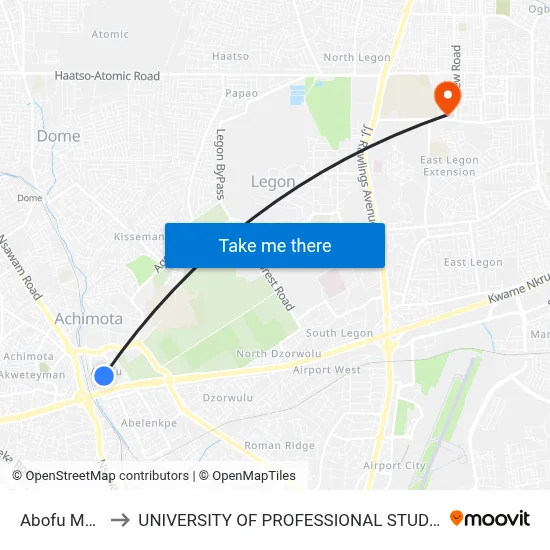 Abofu Market to UNIVERSITY OF PROFESSIONAL STUDIES (UPSA) map