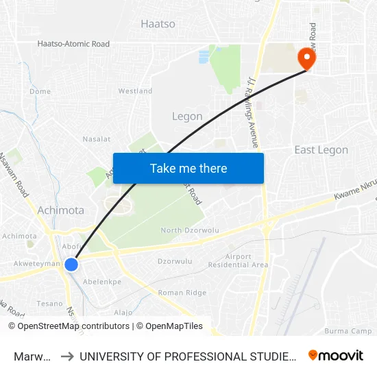 Marwako to UNIVERSITY OF PROFESSIONAL STUDIES (UPSA) map