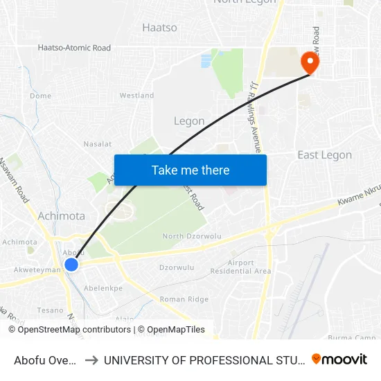 Abofu Overhead to UNIVERSITY OF PROFESSIONAL STUDIES (UPSA) map