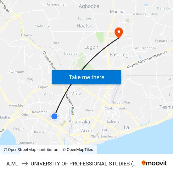 A.M.A to UNIVERSITY OF PROFESSIONAL STUDIES (UPSA) map