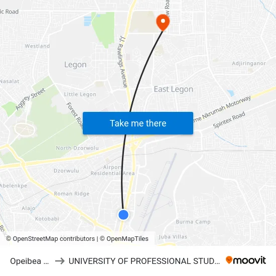 Opeibea First to UNIVERSITY OF PROFESSIONAL STUDIES (UPSA) map