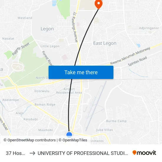37 Hospital to UNIVERSITY OF PROFESSIONAL STUDIES (UPSA) map