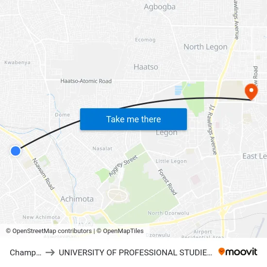 Champion to UNIVERSITY OF PROFESSIONAL STUDIES (UPSA) map