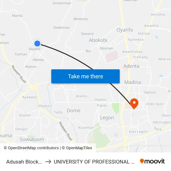 Adusah Block Factory to UNIVERSITY OF PROFESSIONAL STUDIES (UPSA) map
