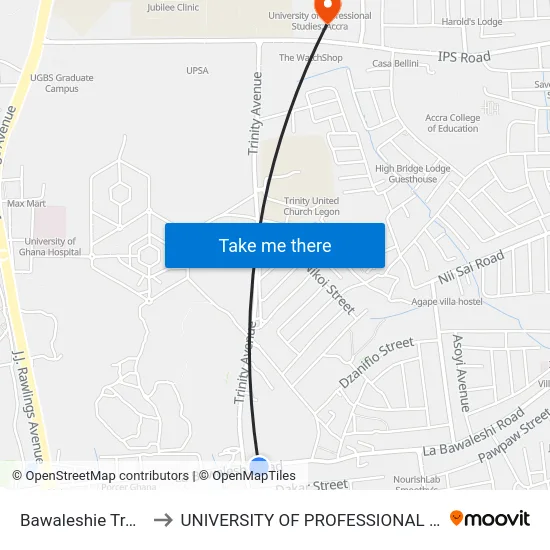 Bawaleshie Traffic Light to UNIVERSITY OF PROFESSIONAL STUDIES (UPSA) map