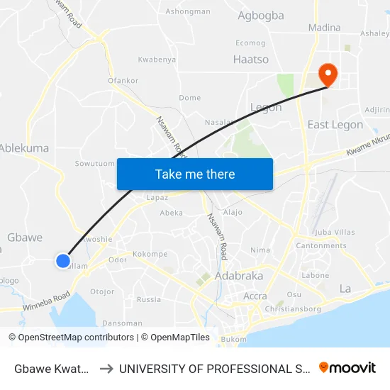 Gbawe Kwatey Road to UNIVERSITY OF PROFESSIONAL STUDIES (UPSA) map