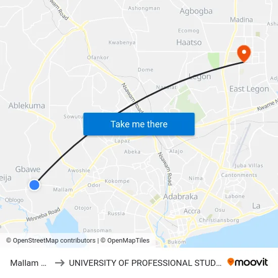 Mallam Road to UNIVERSITY OF PROFESSIONAL STUDIES (UPSA) map
