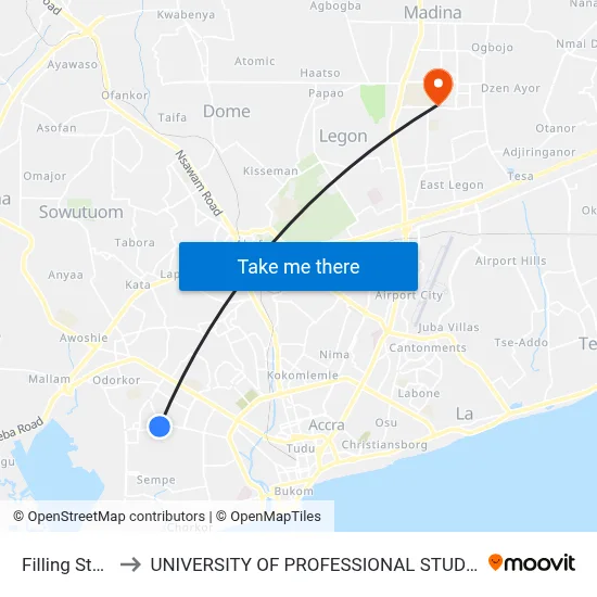 Filling Station to UNIVERSITY OF PROFESSIONAL STUDIES (UPSA) map