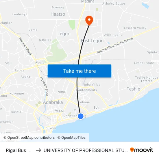 Rigal Bus Stop 2 to UNIVERSITY OF PROFESSIONAL STUDIES (UPSA) map