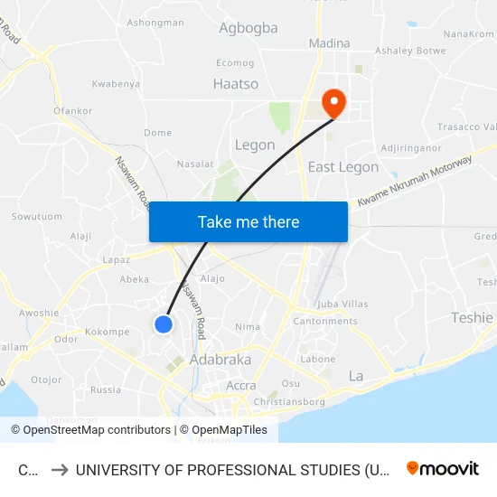 Cpp to UNIVERSITY OF PROFESSIONAL STUDIES (UPSA) map