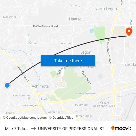 Mile 7 T-Junction to UNIVERSITY OF PROFESSIONAL STUDIES (UPSA) map