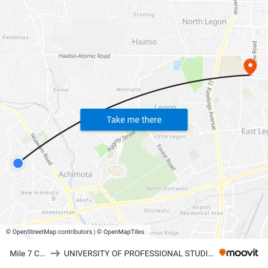 Mile 7 Clinic to UNIVERSITY OF PROFESSIONAL STUDIES (UPSA) map