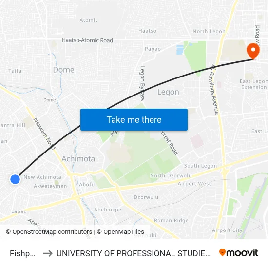 Fishpond to UNIVERSITY OF PROFESSIONAL STUDIES (UPSA) map