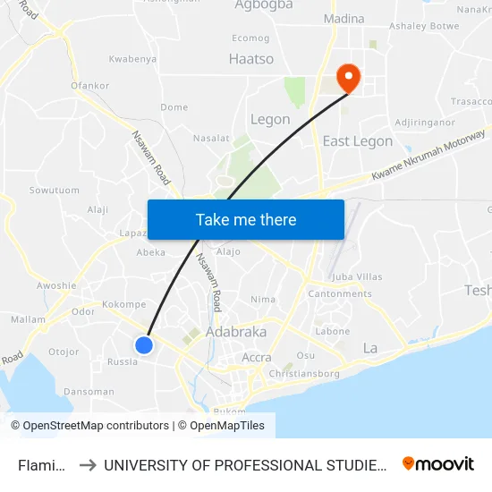 Flamingo to UNIVERSITY OF PROFESSIONAL STUDIES (UPSA) map