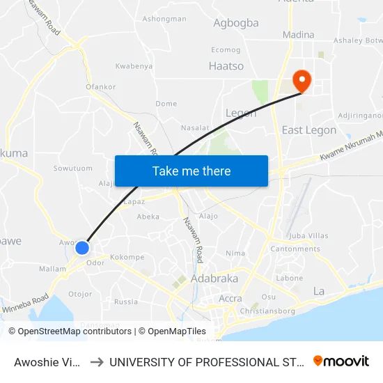 Awoshie Vineyard to UNIVERSITY OF PROFESSIONAL STUDIES (UPSA) map