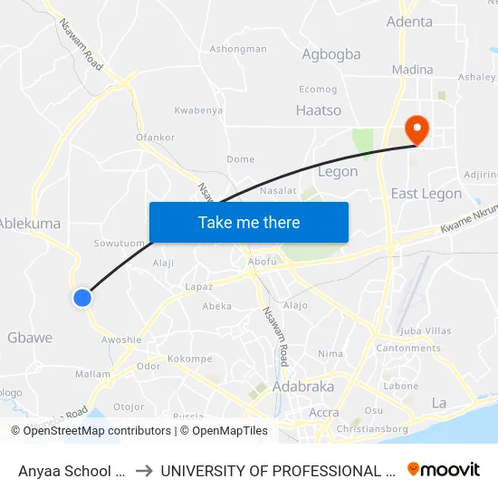 Anyaa School Junction to UNIVERSITY OF PROFESSIONAL STUDIES (UPSA) map
