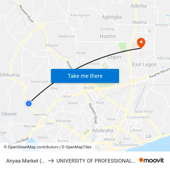 Anyaa Market (Awoshie) to UNIVERSITY OF PROFESSIONAL STUDIES (UPSA) map