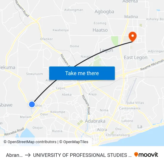 Abrantie to UNIVERSITY OF PROFESSIONAL STUDIES (UPSA) map
