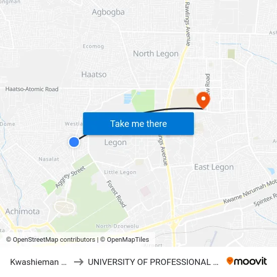 Kwashieman Junction to UNIVERSITY OF PROFESSIONAL STUDIES (UPSA) map