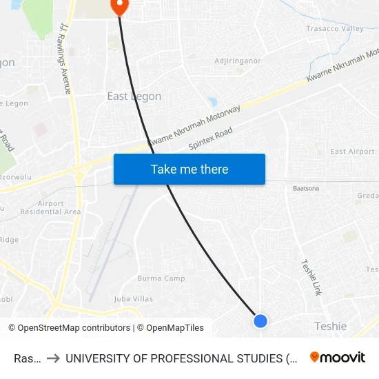 Rasta to UNIVERSITY OF PROFESSIONAL STUDIES (UPSA) map