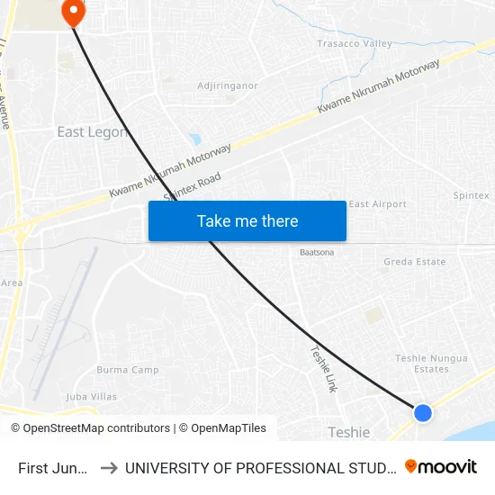 First Junction to UNIVERSITY OF PROFESSIONAL STUDIES (UPSA) map
