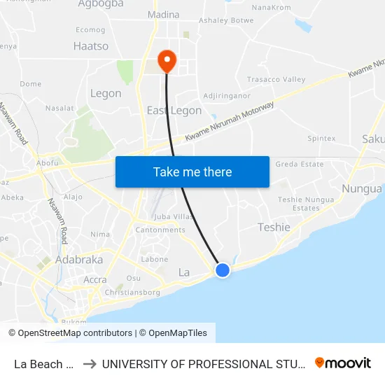 La Beach Hotel to UNIVERSITY OF PROFESSIONAL STUDIES (UPSA) map